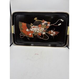 Vintage Toyo Japan Black Lacquer Serving Tray Fan Floral Design 19" x 11"